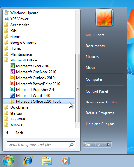 Windows 7 Start menu with programs