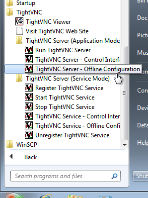 TightVNC program groups in Windows 7 Start menu